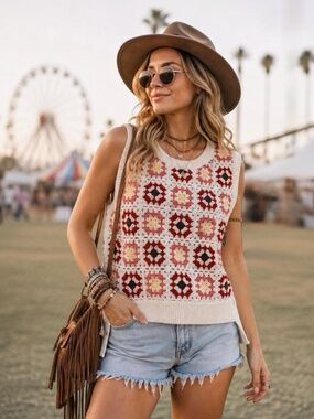 VNTG Inspired [Lucky Brand] White Red NWT Crochet Sleeveless Granny Vest | Large